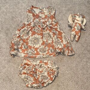 Rabbit + Bear Organic 0-3M Floral Orange & White Baby Dress w/ Bloomer & Bunny